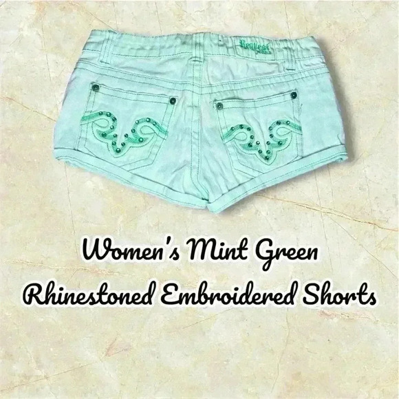 Women’s Mint Green Rhinestone Embroidered Shorts - Picture 1 of 4